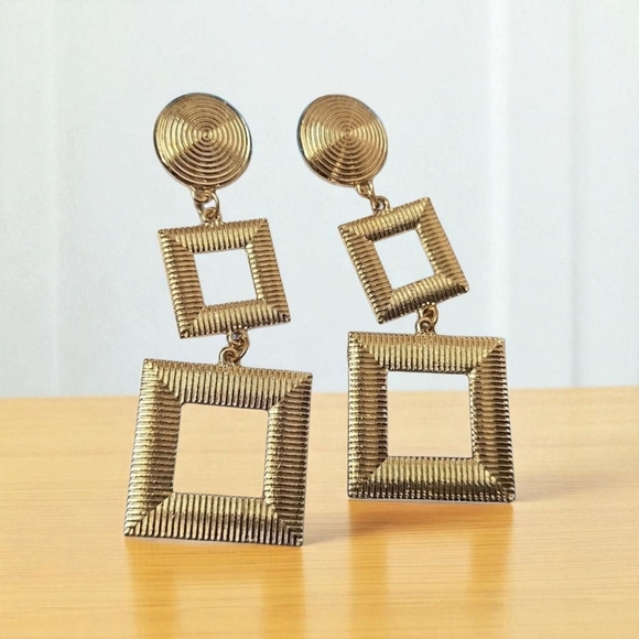 Gold Tone Geometric Drop Earrings - Picture 7 of 7